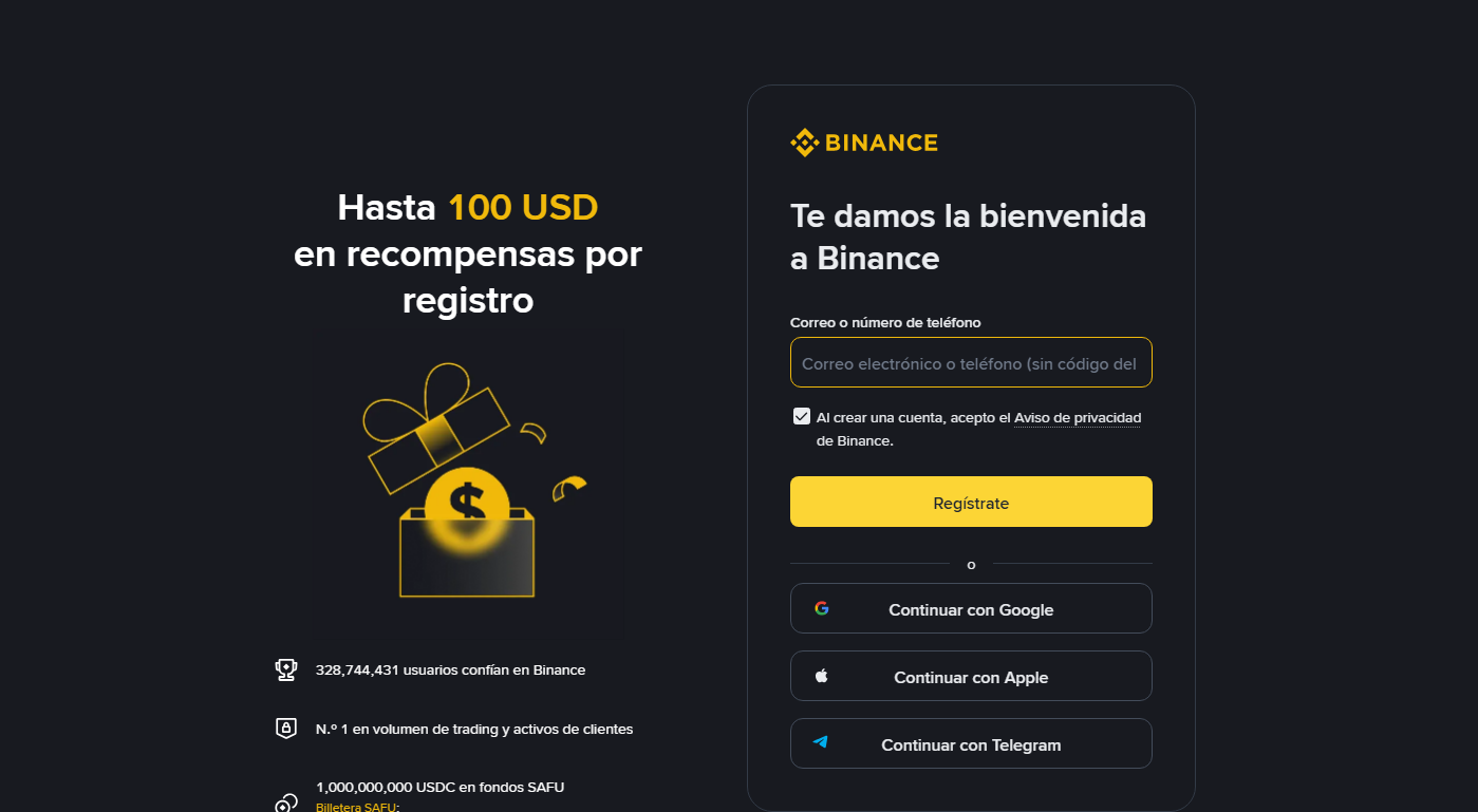 Página de registro de Binance en español: a la derecha el campo de correo o teléfono con el botón Regístrate y las opciones de continuar con Google, Apple o Telegram; a la izquierda un banner de recompensas por registro
