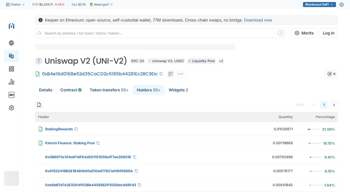 Blockscout 上一个 Uniswap V2 流动性凭证（UNI-V2）的页面：标签显示 Liquidity Pool，Holders 选项卡下列出持有地址、数量和百分比，前两名带有合约名称标注